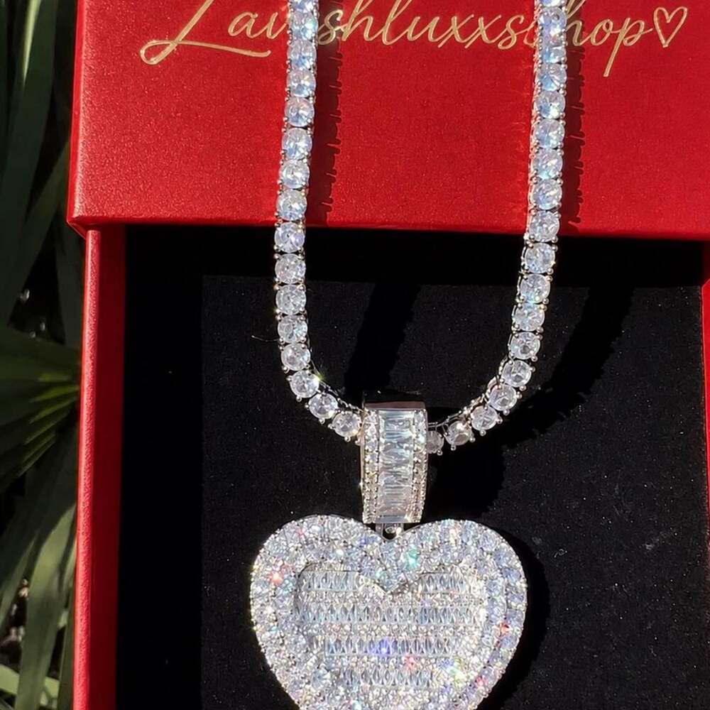 Silver Iced Out Heart Pendant & Tennis Chain Necklace – 16 Inch